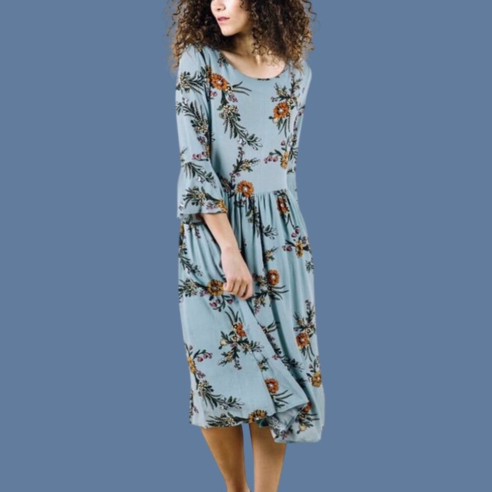 Women's Flounce 3/4 Sleeve Gathered Waist Crew Neck Floral Fit & Flare Dress L - Picture 2 of 6